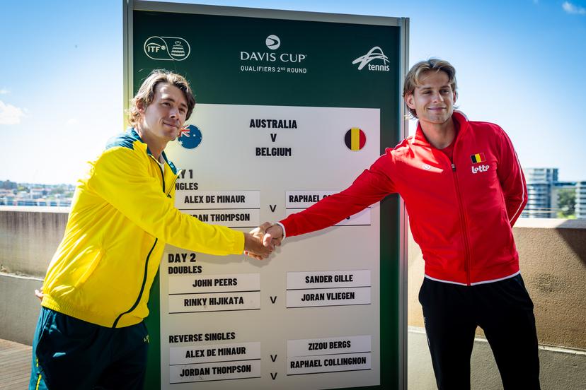 Australia's Alex De Minaur and Belgian Zizou Bergs pictured duringa the draw ahead of the Davis Cup qualifier between Australia and Belgium, Friday 12 September 2025, in Ken Rosewall Arena, Sydney, Australia. BELGA PHOTO PATRICK HAMILTON