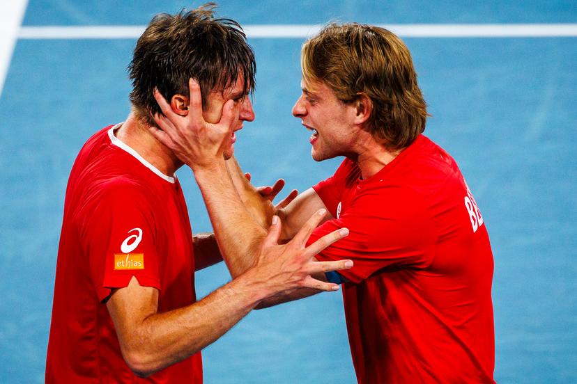 Belgian Raphael Collignon and celebrates with Zizou Bergs after winninga a tennis match between Belgian Collignon and Australian Thompson, during the qualifier of the Davis Cup, Sunday 14 September 2025, in Sydney, Australia. Belgium and Australia will compete this weekend in the second round of the Davis Cup qualifiers. BELGA PHOTO PATRICK HAMILTON
