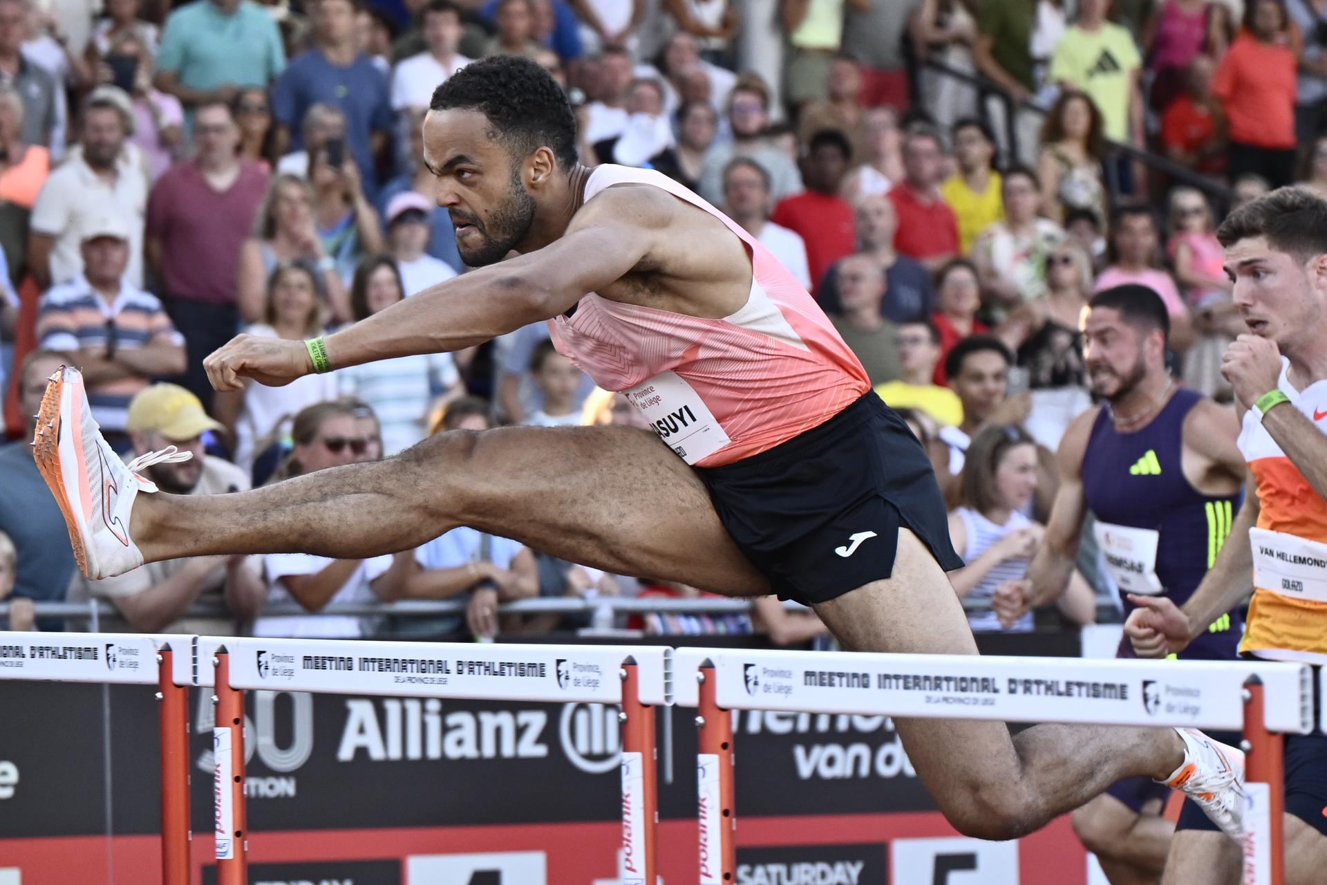 Belgian Michael Obasuyi pictured in action during the 100M hurdles at the 2026 edition of the 'Meeting International d'Athletisme de la Province de Liege' athletics event in Liege, Wednesday 15 July 2026.  BELGA PHOTO ERIC LALMAND