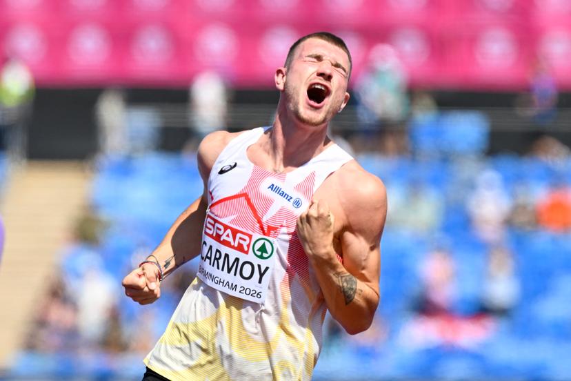 Belgian athlete Thomas Carmoy  celebrates after 2m23 as he qualified for the final during the Men High Jump qualification, on the second day of the European Athletics Championships (August 10-18) in Birmingham, United Kingdom, on Tuesday 11 August 2026. BELGA PHOTO ERIC LALMAND