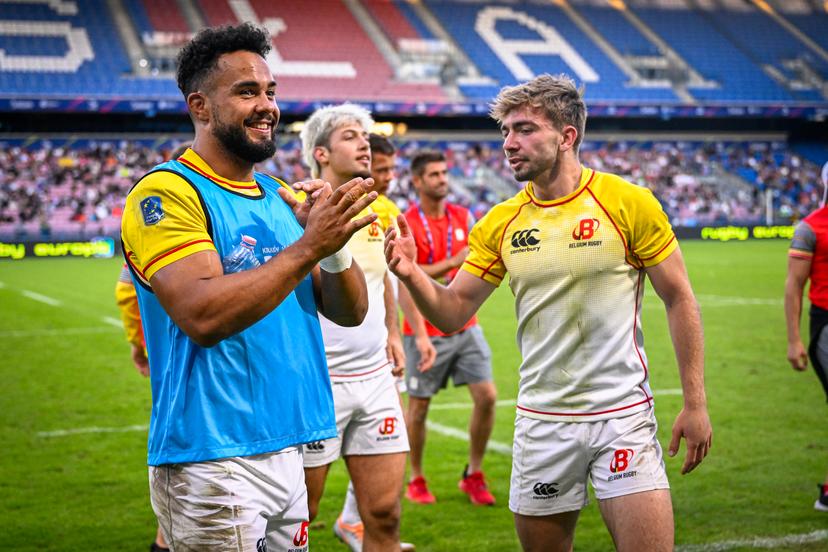 Belgium's William Van Bost celebrates after winning a rugby match between Germany and Belgium, a placing 5th-6th game at the men's Rugby Sevens tournament, at the European Games in Krakow, Poland on Tuesday 27 June 2023. The 3rd European Games, informally known as Krakow-Malopolska 2023, is a scheduled international sporting event that will be held from 21 June to 02 July 2023 in Krakow and Malopolska, Poland. BELGA PHOTO LAURIE DIEFFEMBACQ
