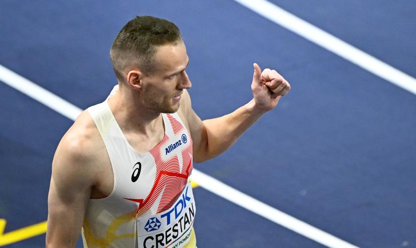 Belgian Eliott Crestan celebrates after the semi-final race of men's 800m, at and  the second day of the World Athletics Indoor Championship in Torun, Poland on Saturday 21 March 2026. The championships take place from 20 to 22 March. BELGA PHOTO JASPER JACOBS
