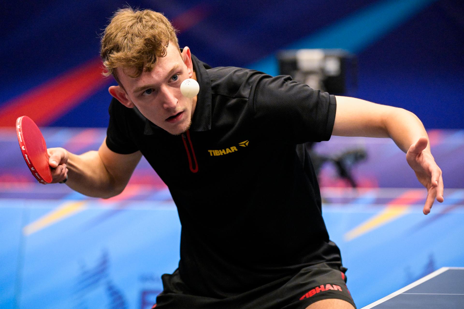 Table Tennis player Adrien Rassenfosse pictured in action during a match in the Men's Team Quarterfinal between Belgium and Germany, in the Table Tennis competition at the European Games in Krakow, Poland on Thursday 29 June 2023. The 3rd European Games, informally known as Krakow-Malopolska 2023, is a scheduled international sporting event that will be held from 21 June to 02 July 2023 in Krakow and Malopolska, Poland. BELGA PHOTO LAURIE DIEFFEMBACQ