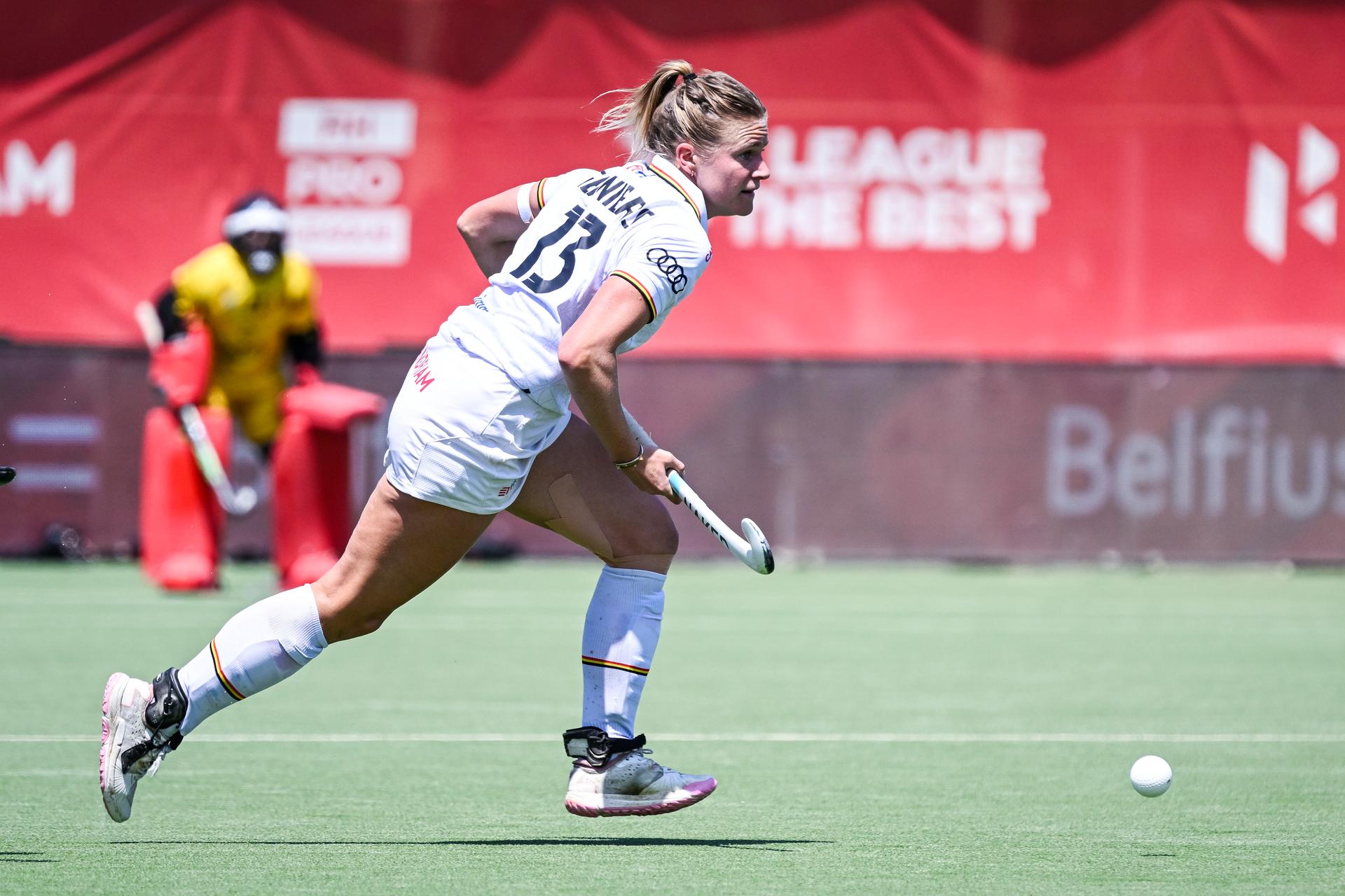 Belgium's Alix Gerniers pictured in action during a hockey game between Belgian national team Red Panthers and India, match 13/16 in the group stage of the 2025 women's FIH Pro League, Saturday 21 June 2025 in Antwerp. BELGA PHOTO TOM GOYVAERTS