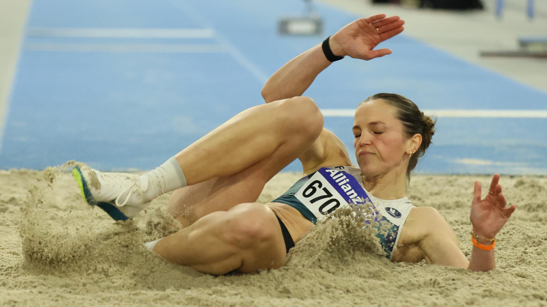 Belgian Ilona Masson pictured in action during the women's triple jump competition, at the Belgian indoor athletics championships, on Sunday 01 March 2026 in Louvain-la-Neuve. BELGA PHOTO BENOIT DOPPAGNE