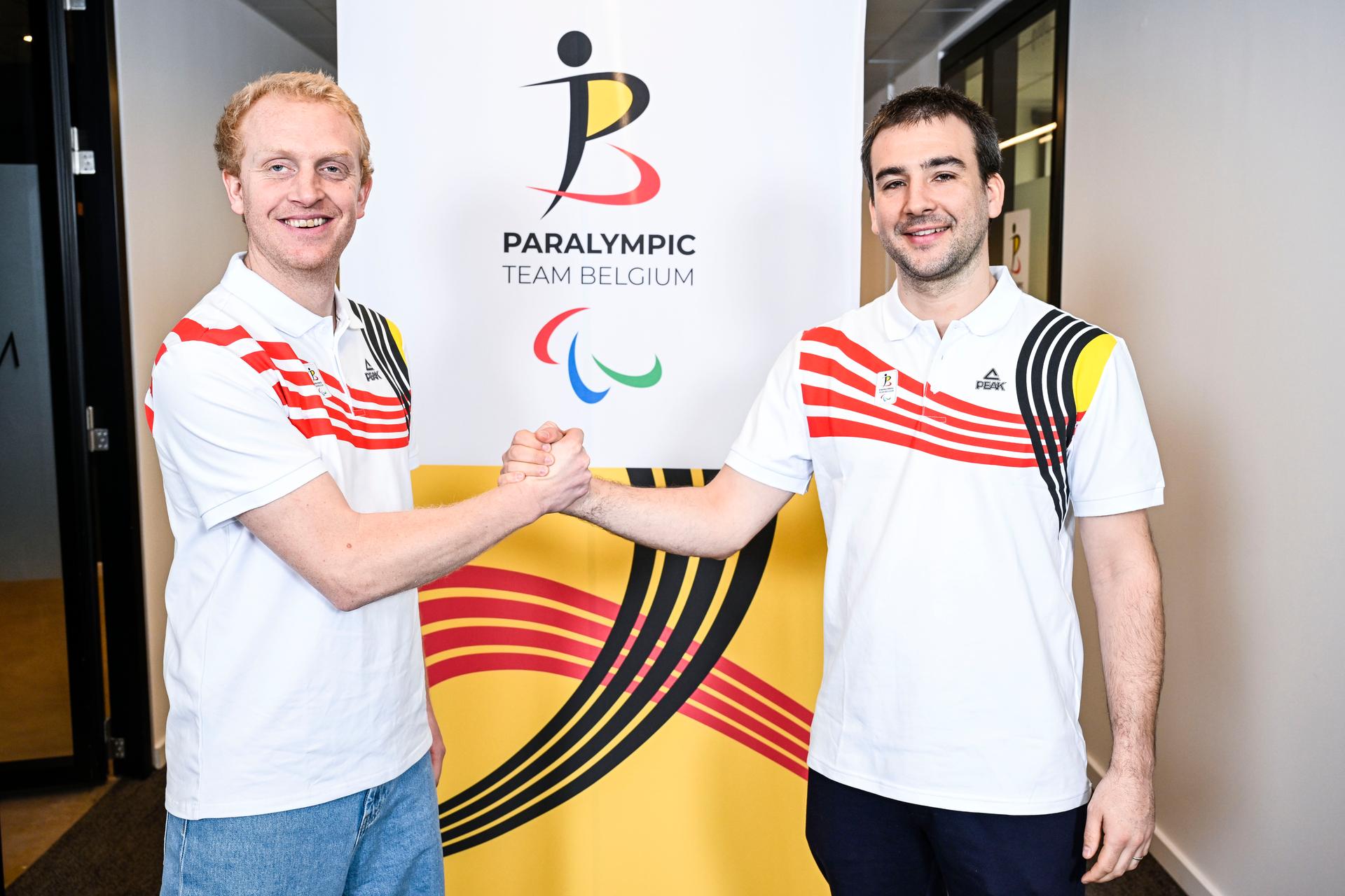 Belgian skier Maximilien Seeger and Belgian ski guide Jeremy Mestdagh pose for the photographer after a press conference of the Paralympic Team Belgium to present the athletes representing Belgium at the 2026 Paralympic Winter Games in Cortina d'Ampezzo and Milan (from March 6 to 15), on Tuesday 24 February 2026, in Brussels. BELGA PHOTO TOM GOYVAERTS