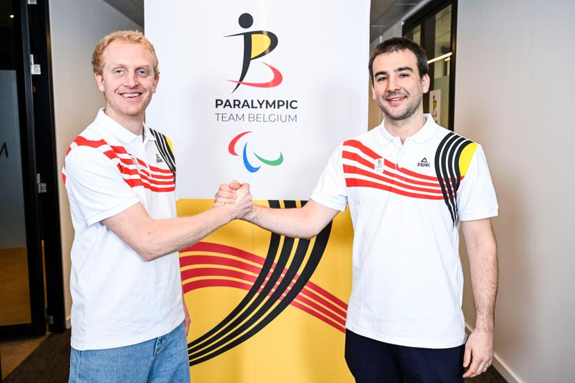 Belgian skier Maximilien Seeger and Belgian ski guide Jeremy Mestdagh pose for the photographer after a press conference of the Paralympic Team Belgium to present the athletes representing Belgium at the 2026 Paralympic Winter Games in Cortina d'Ampezzo and Milan (from March 6 to 15), on Tuesday 24 February 2026, in Brussels. BELGA PHOTO TOM GOYVAERTS