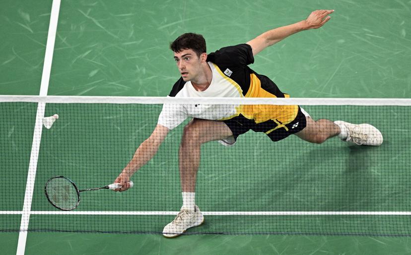 Belgian badminton player Julien Carraggi pictured in action during a badminton match against Indian Sen, in the group play stage of the men's singles tournament at the Paris 2024 Olympic Games, on Monday 29 July 2024 in Paris, France. The Games of the XXXIII Olympiad are taking place in Paris from 26 July to 11 August. The Belgian delegation counts 165 athletes competing in 21 sports. BELGA PHOTO JASPER JACOBS