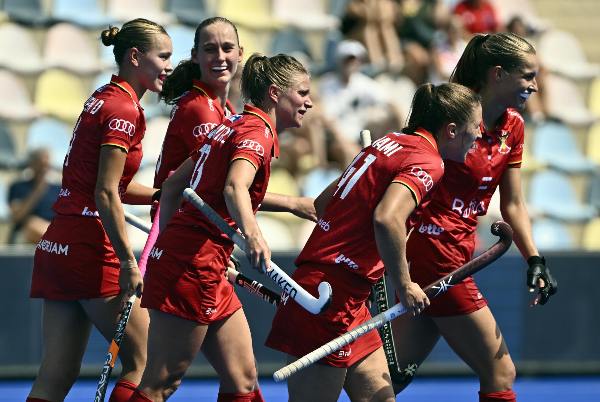 The Red Panthers celebrate during a hockey game between Scotland and the Belgian national team Red Panthers, match 3/3 in the pool stage of the 2025 women's European championships, Wednesday 13 August 2025 in Monchengladbach, Germany. BELGA PHOTO ERIC LALMAND