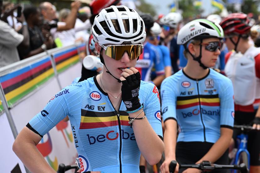 Belgian Xaydee van Sinaey and Belgian Lore de Schepper pictured at the start of the U23 women road race (119,3 km) at the cycling road World Championships in Kigali, Rwanda, Thursday 25 September 2025. The 2025 UCI Road World Championships take place from 21 to 28 September in Kigali, Rwanda. BELGA PHOTO DIRK WAEM