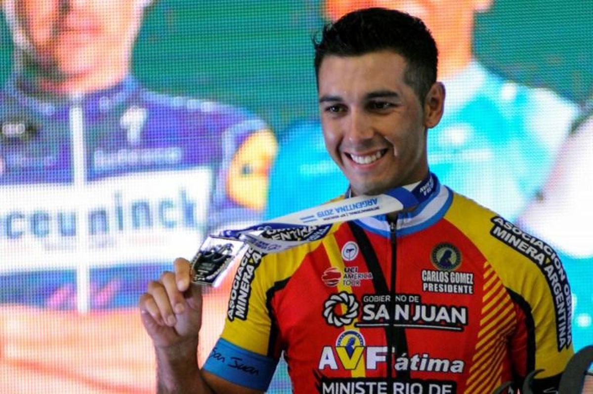 Argentinian cyclist German Nicolas Tivani (Agrupacion Virgen de Fatima) poses with his medal after winning the Vuelta a San Juan Internacional 2019, 6th stage, San Juan - Villicum, in San Juan, Argentina, on February 02, 2019.  Andres Larrovere / AFP
