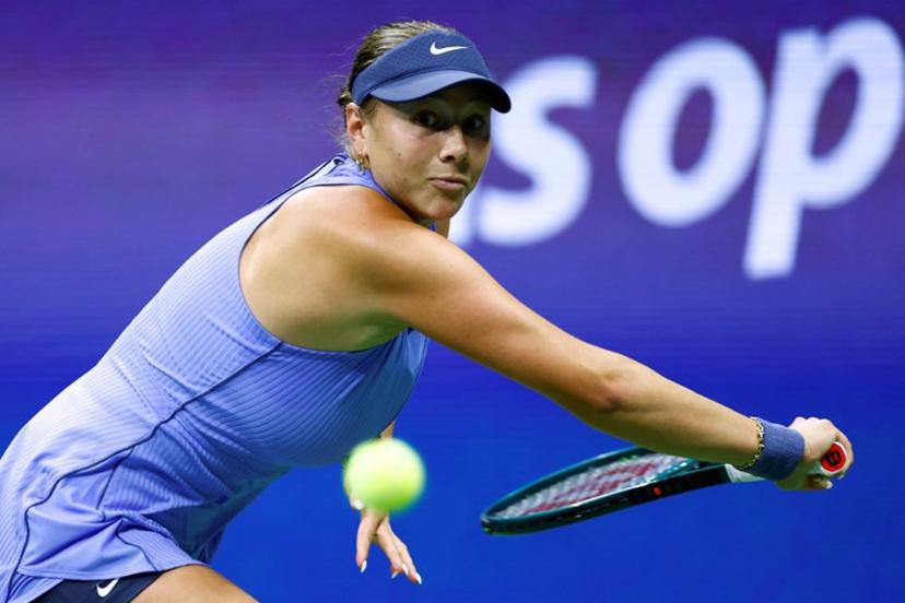 USA's Amanda Anisimova eyes the ball during her women's singles semifinal tennis match against Japan's Naomi Osaka on day twelve of the US Open tennis tournament at the USTA Billie Jean King National Tennis Center in New York City, on September 4, 2025.  Kena BETANCUR / AFP