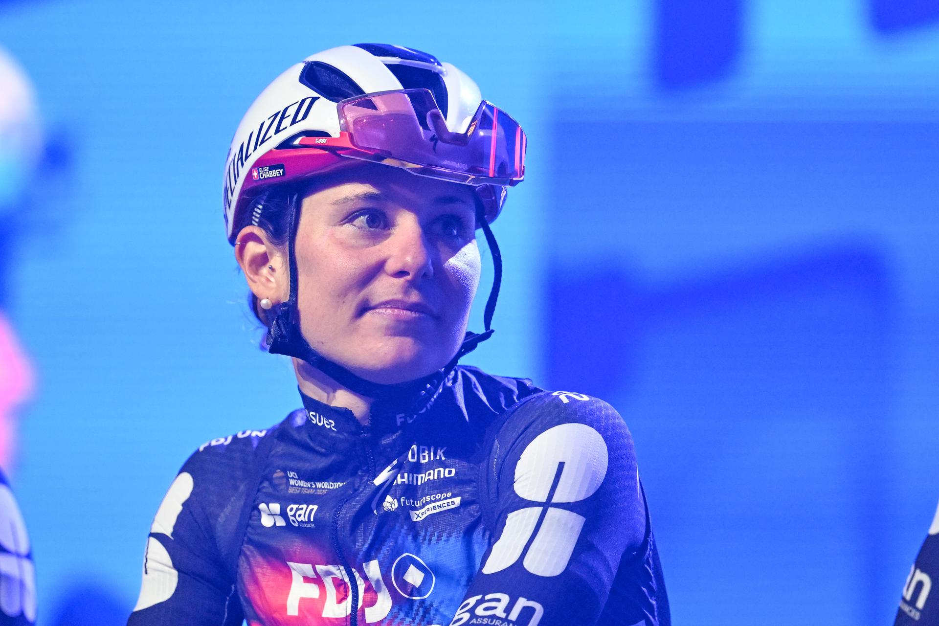 Swiss Elise Chabbey of FDJ United-SUEZ pictured during the team presentation before the women's one-day cycling race Omloop Het Nieuwsblad (UCI World Tour), the opening race of the Flemish one-day classics season, 137,6 km from Gent to Ninove, Saturday 28 February 2026. BELGA PHOTO MAARTEN STRAETEMANS