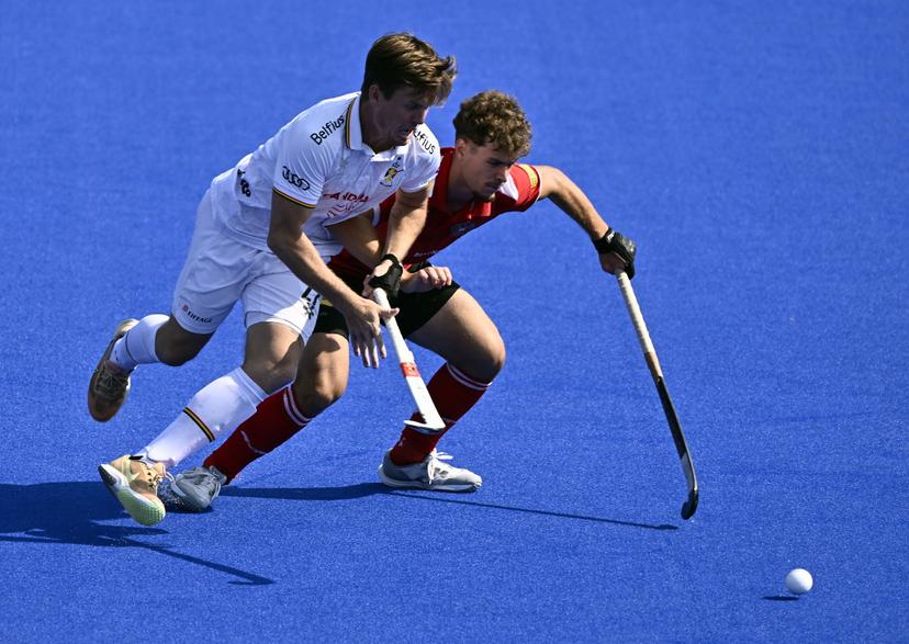 Belgium's Tom Boon pictured in action during a hockey game between Belgian national team Red Lions and Austria, match 1/3 in the pool stage of the 2025 men's European championships, Saturday 09 August 2025 in Monchengladbach, Germany. BELGA PHOTO ERIC LALMAND