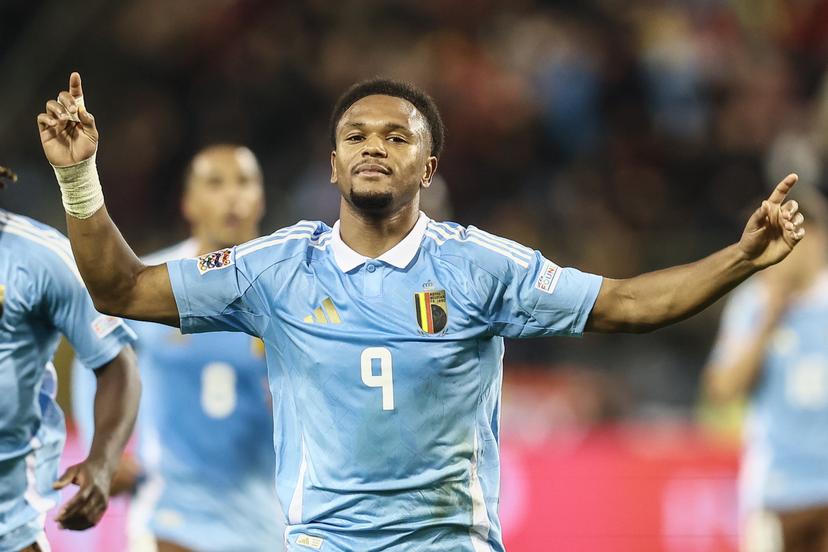 Belgium's Lois Openda celebrates after scoring during a soccer game between Belgian national soccer team Red Devils and France, match 4 (out of 6) in the League A Group 2 of the UEFA Nations League 2025 competition, Monday 14 October 2024 in Brussels. BELGA PHOTO BRUNO FAHY