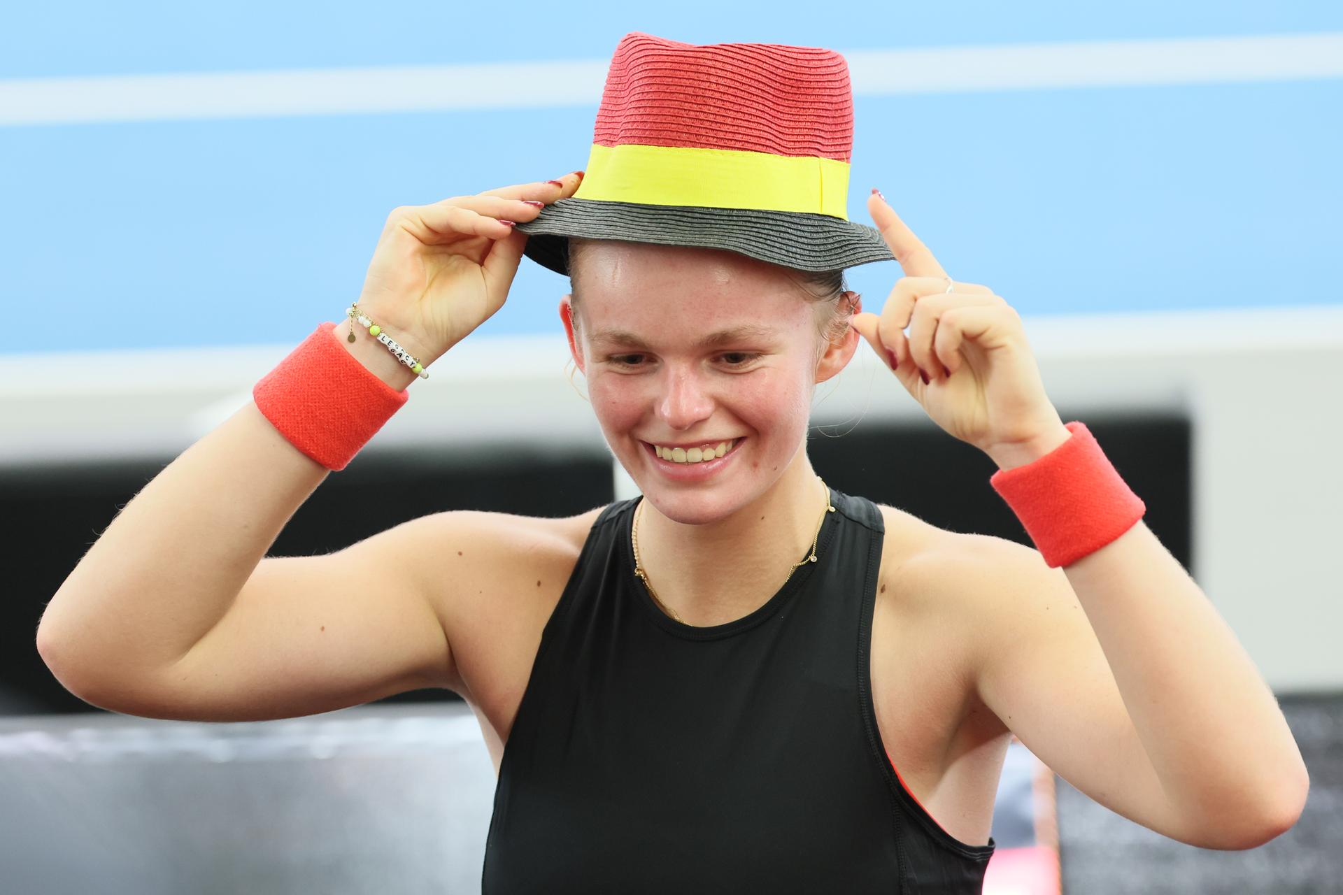 Belgian Jeline Vandromme celebrates after winning a tennis match against German Friedsam, during the meeting between Belgium and Germany in the Billie Jean King Cup Play-offs, on Sunday 16 November 2025 in Ismaning, Germany. PHOTO BENOIT DOPPAGNE
