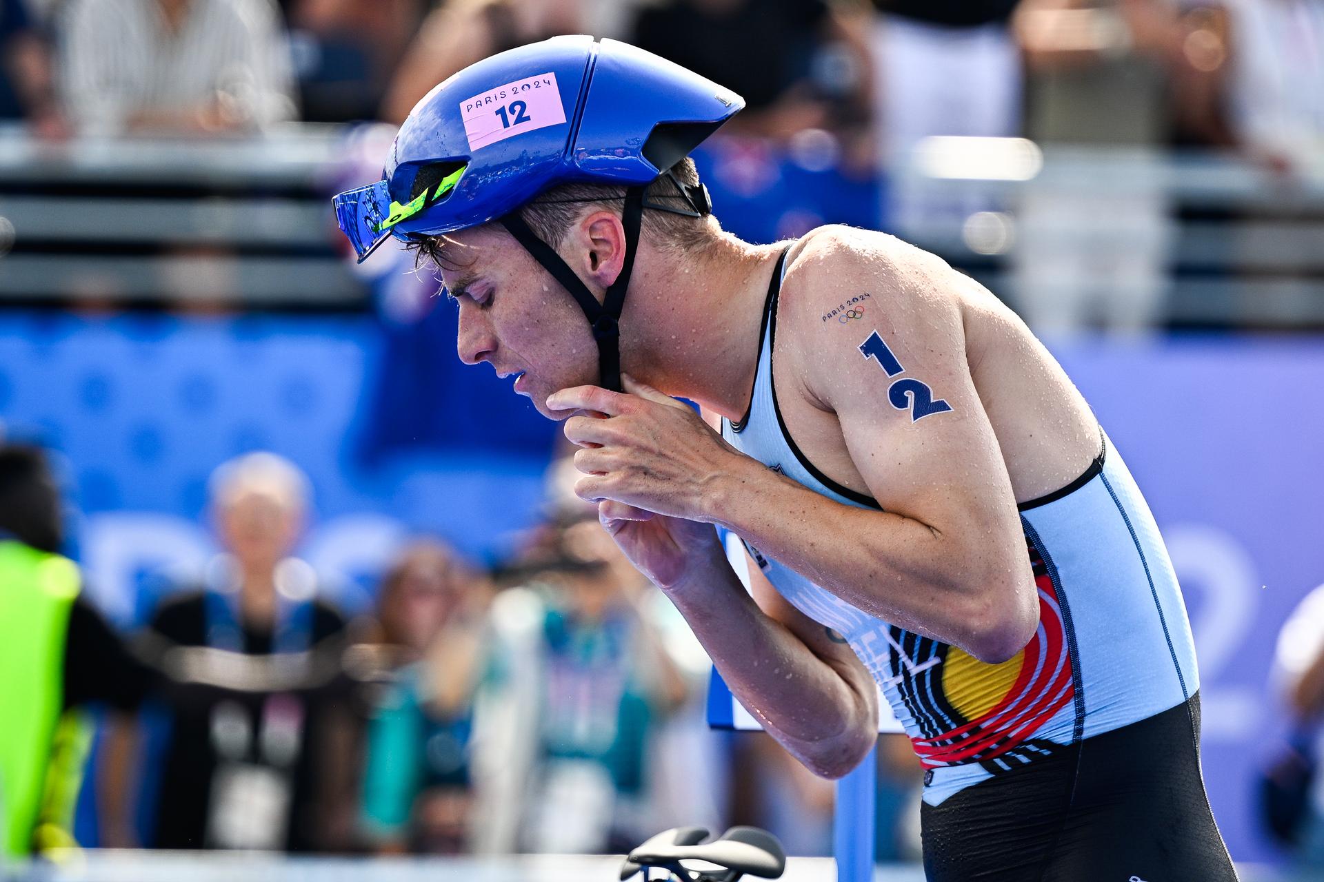 Belgian Marten Van Riel pictured in action during the biking part of the men's individual triathlon race at the Paris 2024 Olympic Games, on Wednesday 31 July 2024 in Paris, France. The Games of the XXXIII Olympiad are taking place in Paris from 26 July to 11 August. The Belgian delegation counts 165 athletes competing in 21 sports. BELGA PHOTO JASPER JACOBS