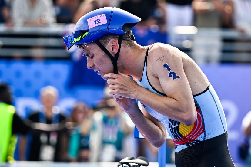 Belgian Marten Van Riel pictured in action during the biking part of the men's individual triathlon race at the Paris 2024 Olympic Games, on Wednesday 31 July 2024 in Paris, France. The Games of the XXXIII Olympiad are taking place in Paris from 26 July to 11 August. The Belgian delegation counts 165 athletes competing in 21 sports. BELGA PHOTO JASPER JACOBS