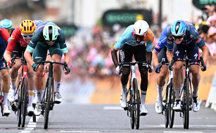 Danish Mads Pedersen of Lidl-Trek, Eritrean Biniam Girmay of NSN Cycling Team and Belgian Tim Merlier of Soudal Quick-Step sprint to the finish of stage 5 of the 2026 Tour de France cycling race, a stage of 158km from Lannemezan to Pau, on Wednesday 08 July 2026. The 113th edition of the Tour de France starts on Saturday 4 July in Barcelona, Spain, and will finish in Paris, France on the 26th of July.  BELGA PHOTO JASPER JACOBS