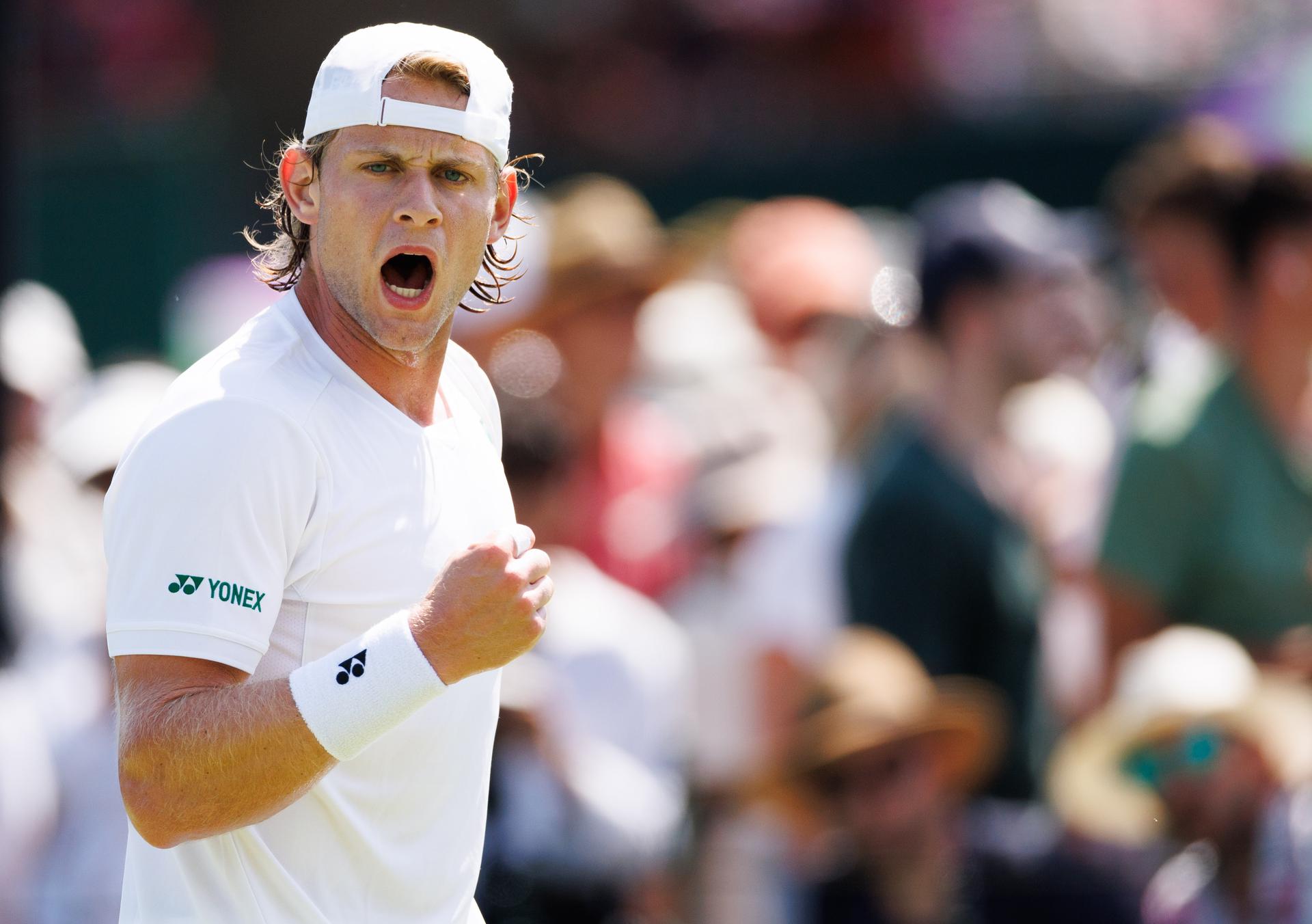 Belgian Zizou Bergs reacts during a tennis match between Belgian Bergs and South African Harris, in the first round of the men's singles at the 2025 Wimbledon grand slam tournament, Monday 30 June 2025 at the All England Tennis Club, in South-West London, Britain. BELGA PHOTO BENOIT DOPPAGNE