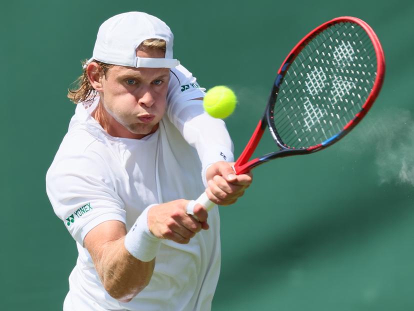 Belgian Zizou Bergs pictured in action during a tennis match against South African Harris, in the first round of the men's singles at the 2025 Wimbledon grand slam tournament, Monday 30 June 2025 at the All England Tennis Club, in South-West London, Britain. BELGA PHOTO BENOIT DOPPAGNE
