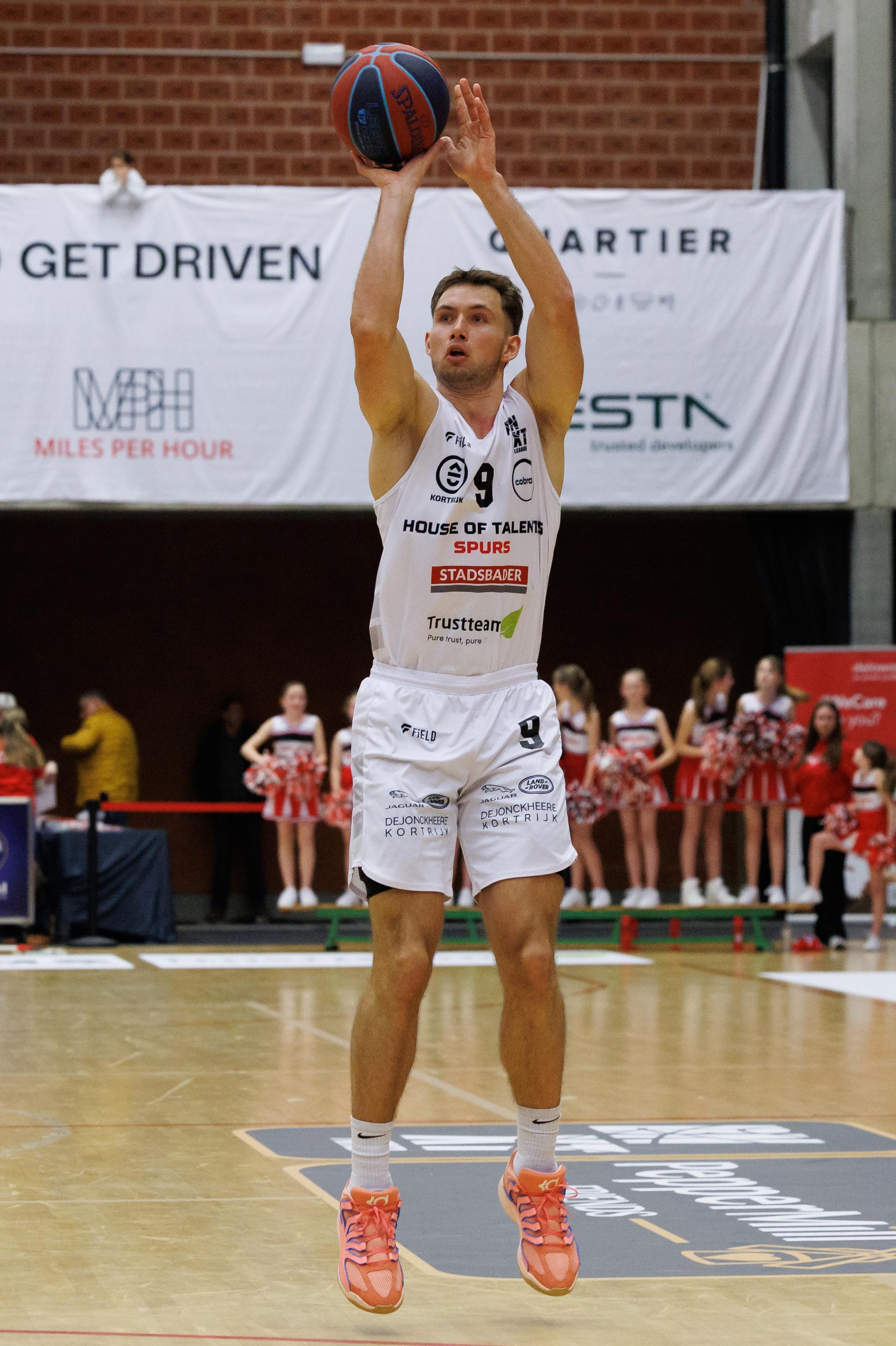 Kortrijk's Bram Bogaerts pictured in action during a basketball match between House of Talents Spurs Kortrijk and Antwerp Giants, Friday 16 January 2026 in Kortrijk, on day 16 (out of 34) of the 'BNXT League' first division basket championship. BELGA PHOTO KURT DESPLENTER
