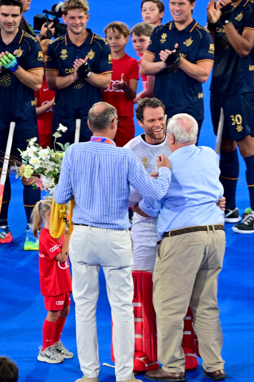 Belgium's goalkeeper Vincent Vanasch is honoured for is 300th cap ahead of  a hockey game between Belgian Lions and Germany, the second (out of three) matches during the group stage of the men's 2026 Hockey World Cup, Monday 17 August 2026 in Wavre. The 2026 edition of the Hockey World Cup takes place in Belgium and The Netherlands from August 15 to August 30. BELGA PHOTO DIRK WAEM