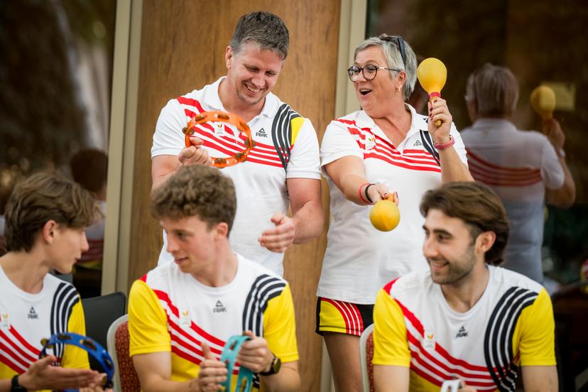 Coach Dirk Van Tichelt and Coach Lieve Van Mechelen pictured during the annual stage of Team Belgium organized by the BOIC-COIB Belgian Olympic Committee, in Belek, Turkey, Saturday 22 November 2025. The camp takes place from 19 to 26 November and focuses on the initial preparations for the 2028 Olympic Games in Los Angeles. BELGA PHOTO JASPER JACOBS