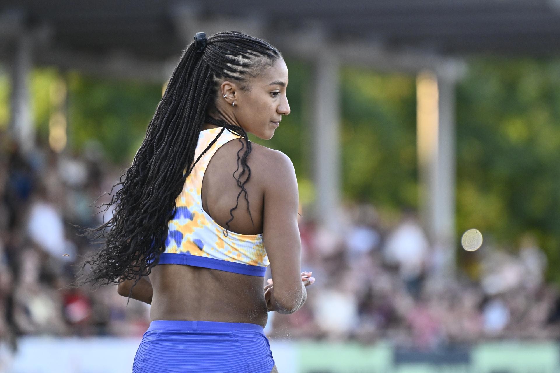Belgian Nafissatou Nafi Thiam pictured in action during the women long jump at the 2026 edition of the 'Meeting International d'Athletisme de la Province de Liege' athletics event in Liege, Wednesday 15 July 2026.  BELGA PHOTO ERIC LALMAND