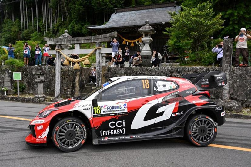 Takamoto Katsuta of Japan and his co-driver Aaron Johnston of Ireland drive their Toyota GR Yaris Rally1 during the SS16 Lake Mikawako section of the Rally Japan, the 7th round of FIA World Rally Championships, in Toyota city, Aichi prefecture on May 31, 2026.  Toshifumi KITAMURA / AFP