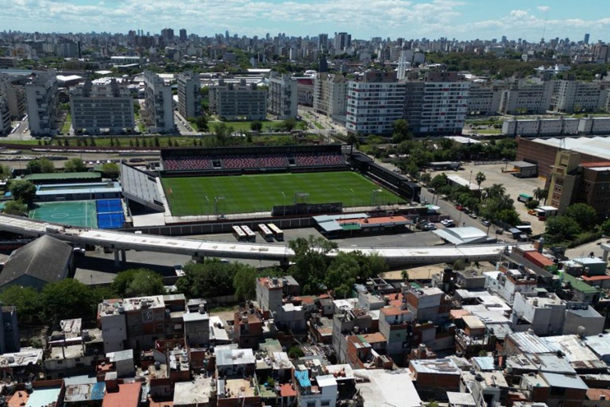 Aerial view of the Claudio 'Chiqui' Tapia Stadium, home of the Club Atletico Barracas Central football team, taken in Buenos Aires on October 31, 2025. Barracas Central has grown exponentially from Argentina's fourth football division to the top of the first division, but its rise has been marred by suspicions that it has been favored by the power of Claudio 'Chiqui' Tapia, president of the Argentine Football Association (AFA). Luis ROBAYO / AFP