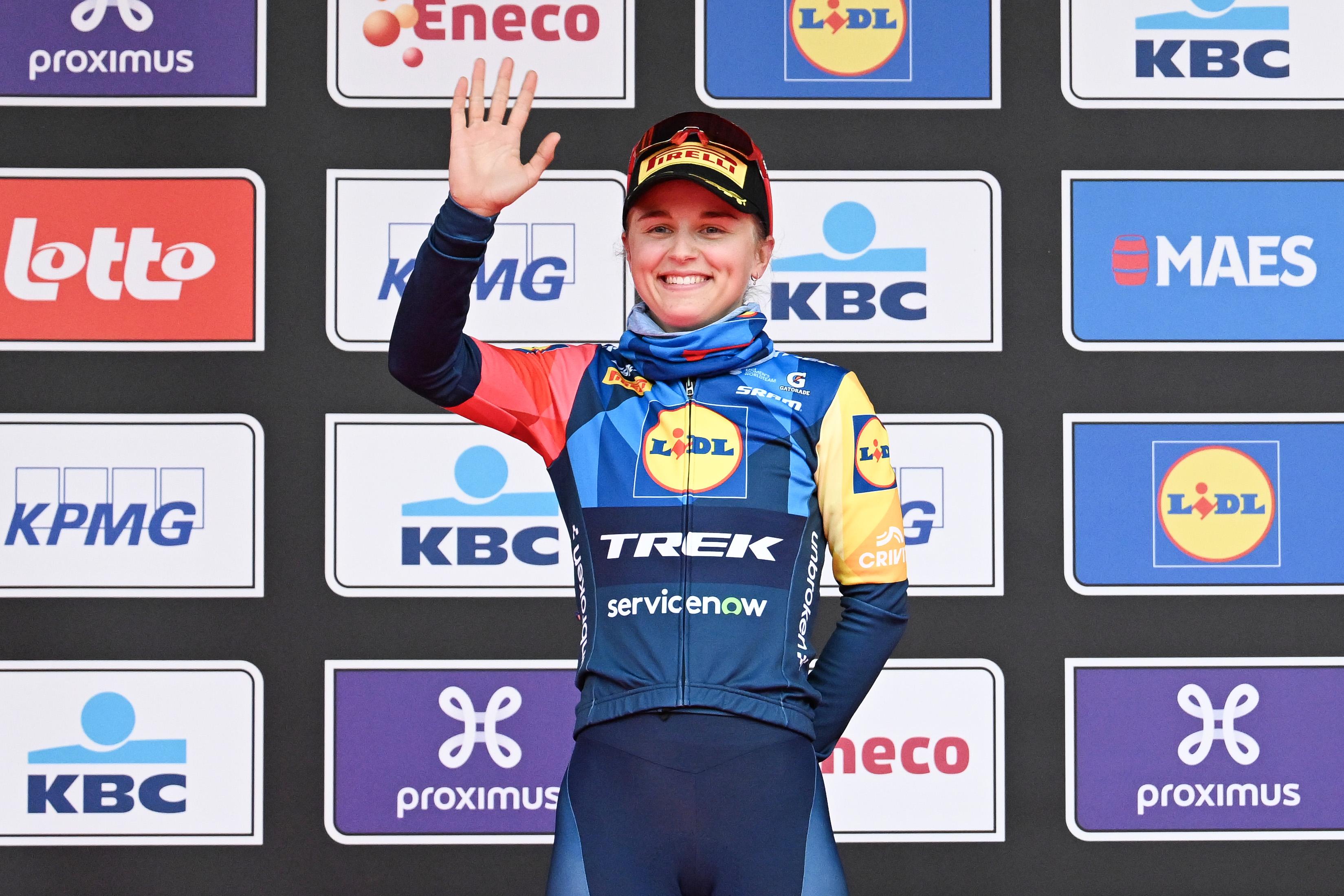 Belgian Fleur Moors pictured on the podium after the women elite 'Wevelgem to Wevelgem - In Flanders Fields' one day cycling race, 134.9 km from and to Wevelgem, on Sunday 29 March 2026. BELGA PHOTO MAARTEN STRAETEMANS