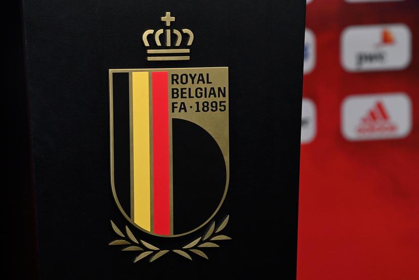 Illustration shows the logo of Belgian socvcer federation at a press conference of Belgian national soccer team Red Devils to announce the first selection for the upcoming Euro 2020 European Championships, Monday 17 May 2021 in Tubize. BELGA PHOTO DIRK WAEM