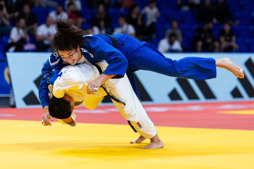 Belgian Gabriella Willems (blue gi) and Spanish Ai Tsunoda Roustant (white gi) pictured in action during a bout in the Women's -70kg category, at the European Judo Championships in Podgorica, Montenegro, on Friday 25 April 2025. The tournament is taking place from 23 tot 27 April 2025. BELGA PHOTO NIKOLA KRISTC