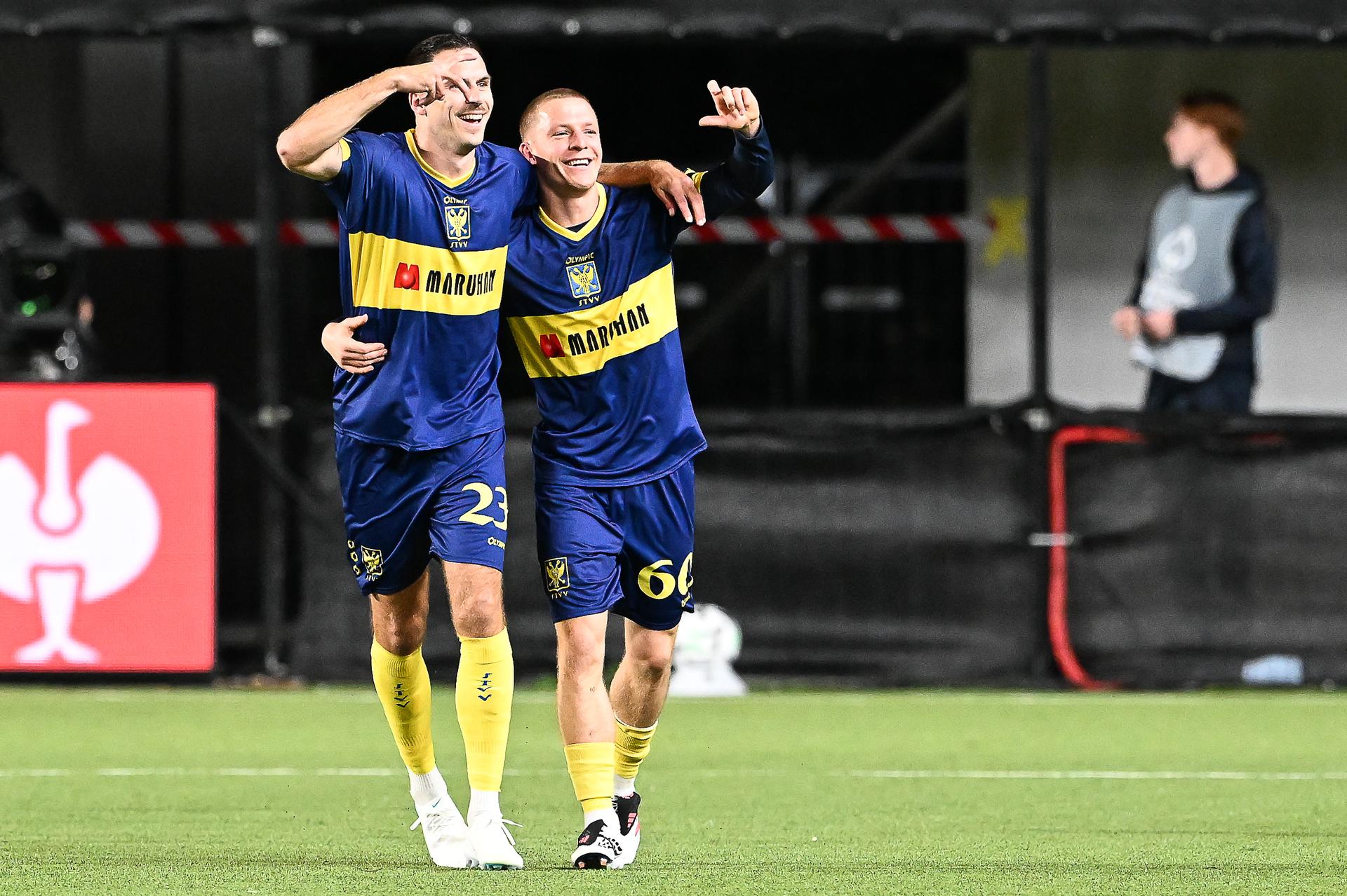 STVV's Robert-Jan Vanwesemael celebrates after scoring during a soccer game between Belgian Sint-Truidense VV and Georgian FC Iberia 1999 Tbilisi, Thursday 15 October 2026 in Sint-Truiden, the opening match of the UEFA Conference League league phase. BELGA PHOTO JILL DELSAUX