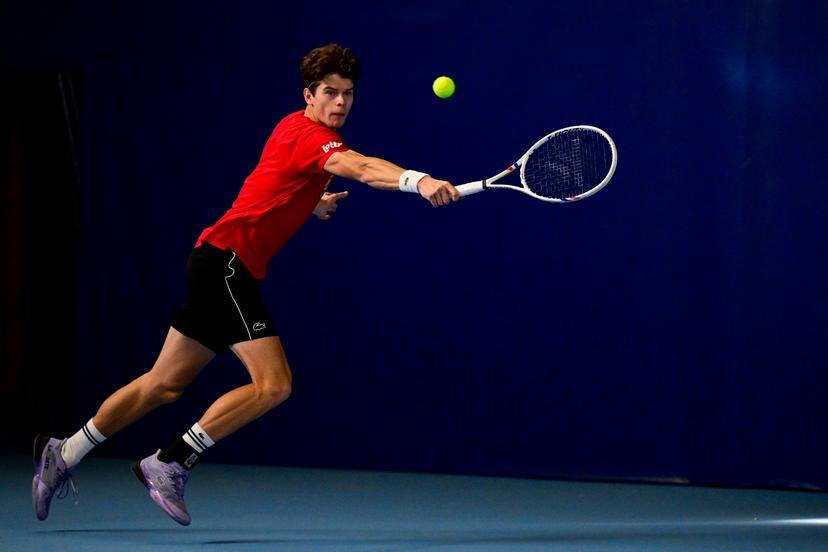 Belgian Alexander Blockx pictured in action during an open training session of the Belgian Davis Cup team ahead of the Davis Cup Finals (November 18-23), in Wilrijk, on Wednesday 12 November 2025. BELGA PHOTO DIRK WAEM