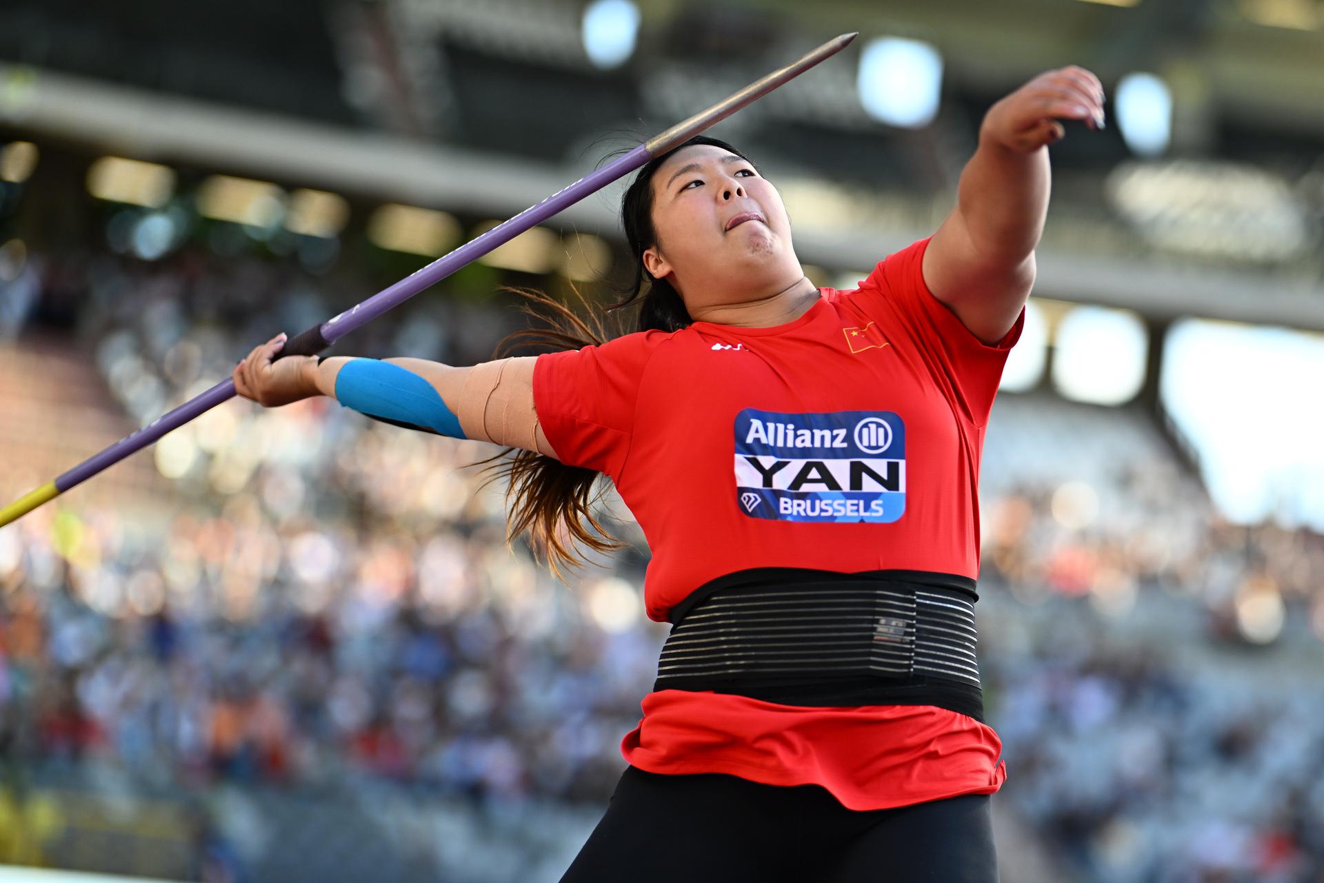 Chinese Zhiyi Yan pictured during the javelin throw event, at the 50th edition of the Memorial Van Damme Diamond League athletics event in Brussels, Saturday 5 September 2026.  BELGA PHOTO JASPER JACOBS