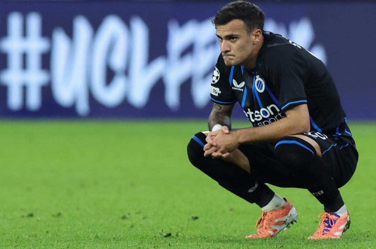 Club Brugge's Serbian midfielder #25 Aleksandar Stankovic reacts at the end of the UEFA Champions League football match between FC Bayern Munich and Club Brugge in Munich, southern Germany on October 22, 2025. Bayern Munich won the match 4-0. Alexandra BEIER / AFP