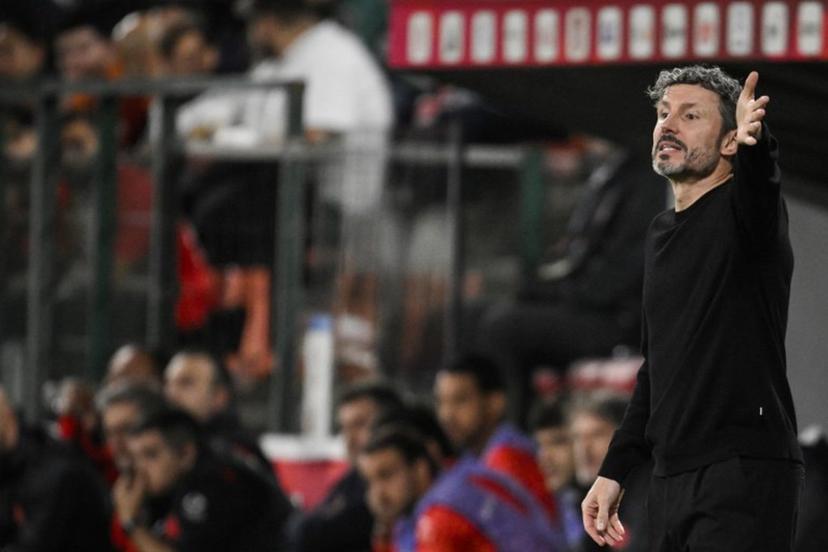 Belgium's coach Mark van Bommel  shouts instructions to his players from the touchline during the UEFA Nations League, League A - Group 1, football match between Belgium and Turkey at the Maurice Dufrasne stadium, in Liege, eastern Belgium on October 2, 2026.  JOHN THYS / AFP