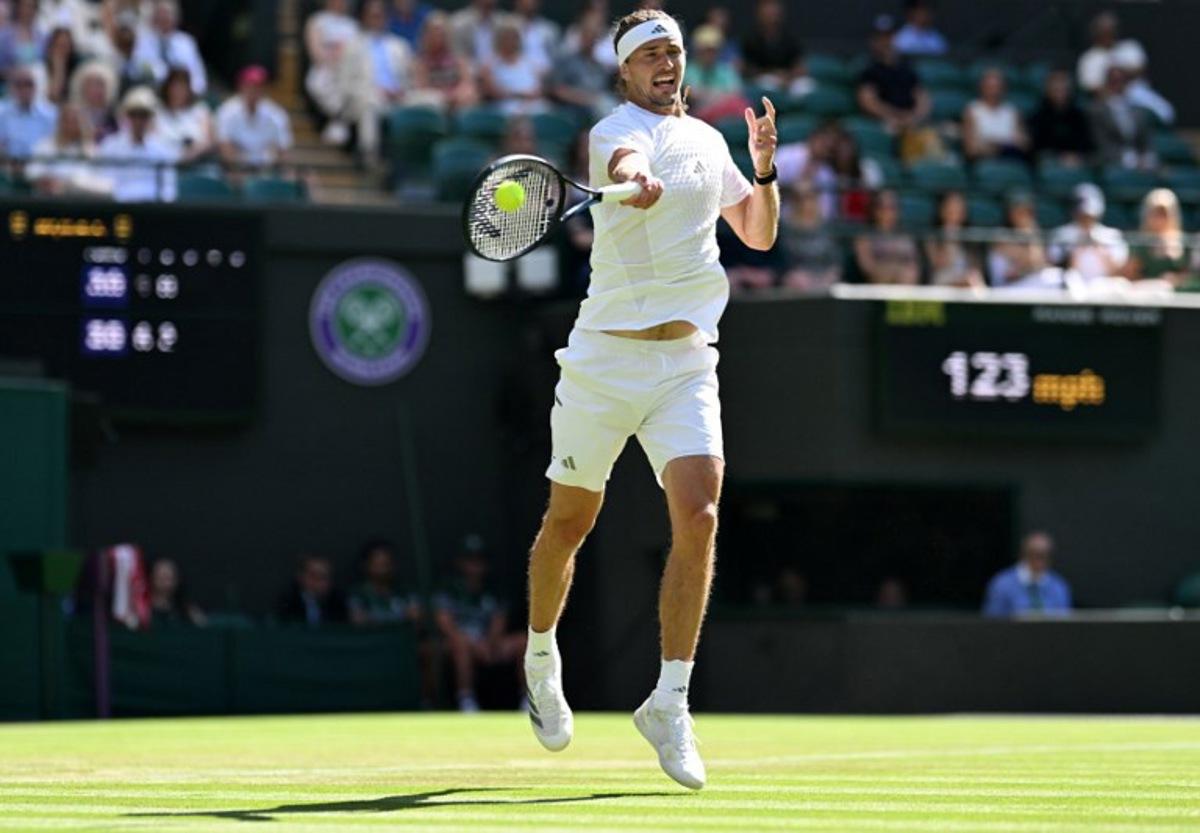 Germany's Alexander Zverev returns to France's Valentin Royer during their men's singles second round tennis match on the fourth day of the 2026 Wimbledon Championships at The All England Lawn Tennis and Croquet Club in Wimbledon, southwest London, on July 2, 2026.  Kirill KUDRYAVTSEV / AFP