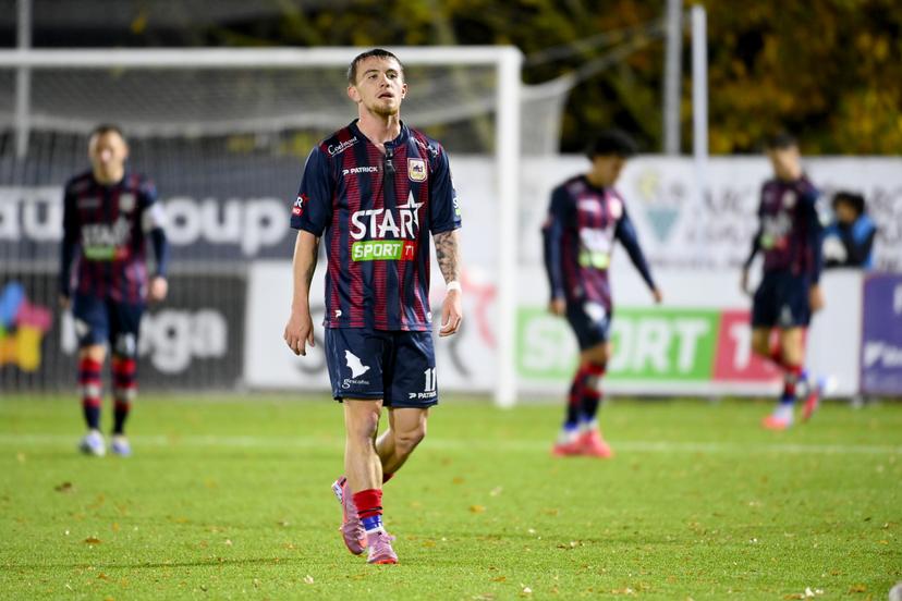 Liege's players and react during a soccer game between RFC Liege and Jong KAA Gent, Friday 07 November 2025 in Liege, on day 13 of the 2025-2026 'Challenger Pro League' 1B second division of the Belgian championship. BELGA PHOTO JOHN THYS