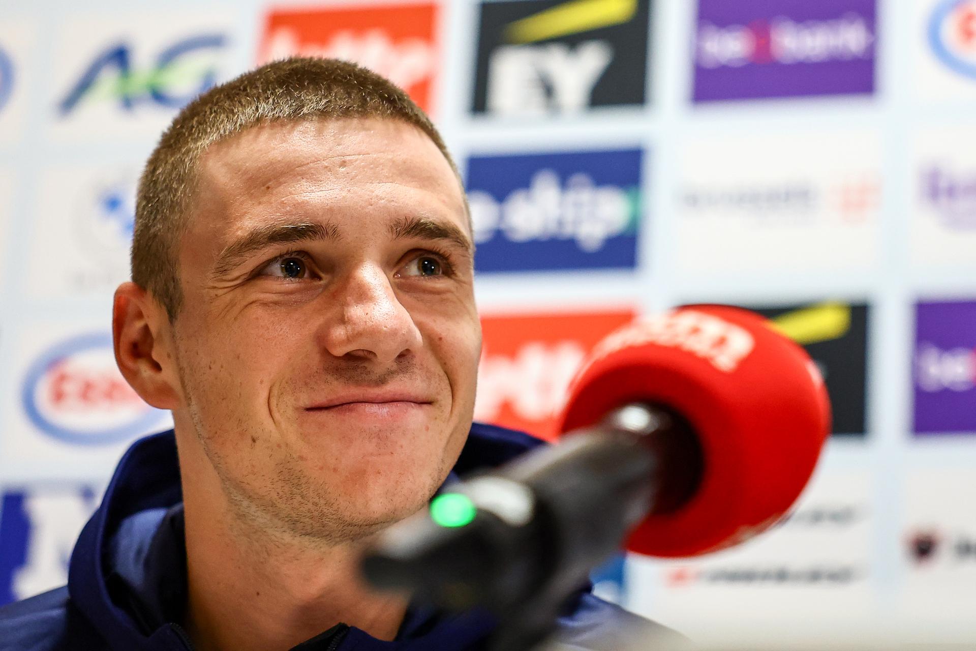 Belgian Remco Evenepoel pictured during a press conference ahead of the start of the UEC road European cycling championships, Tuesday 30 September 2025, in Loriol-sur-Drome, France. The European cycling championships take place from 1 to 5 October in Drome and Ardeche, France. BELGA PHOTO DAVID PINTENS