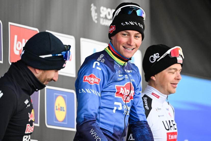 Dutch Mathieu van der Poel of Alpecin-Premier Tech celebrates on the podium after winning the 81st edition of the men's one-day cycling race Omloop Het Nieuwsblad (UCI World Tour), the opening race of the Flemish one-day classics season, 207,6 km from Gent to Ninove, Saturday 28 February 2026. BELGA PHOTO MAARTEN STRAETEMANS