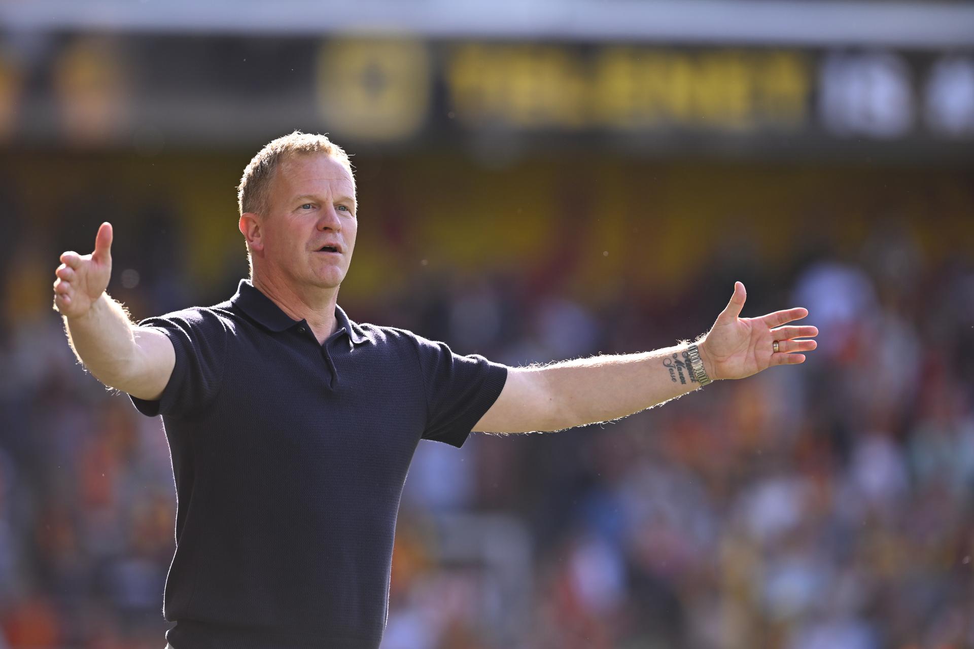 STVV's head coach Wouter Vrancken reacts after winning a soccer match between KV Mechelen and Sint-Truiden VV, Sunday 26 April 2026 in Mechelen, on the fifth day of the Champion's Play-offs of the 2025-2026 'Jupiler Pro League' first division of the Belgian championship. BELGA PHOTO JOHN THYS