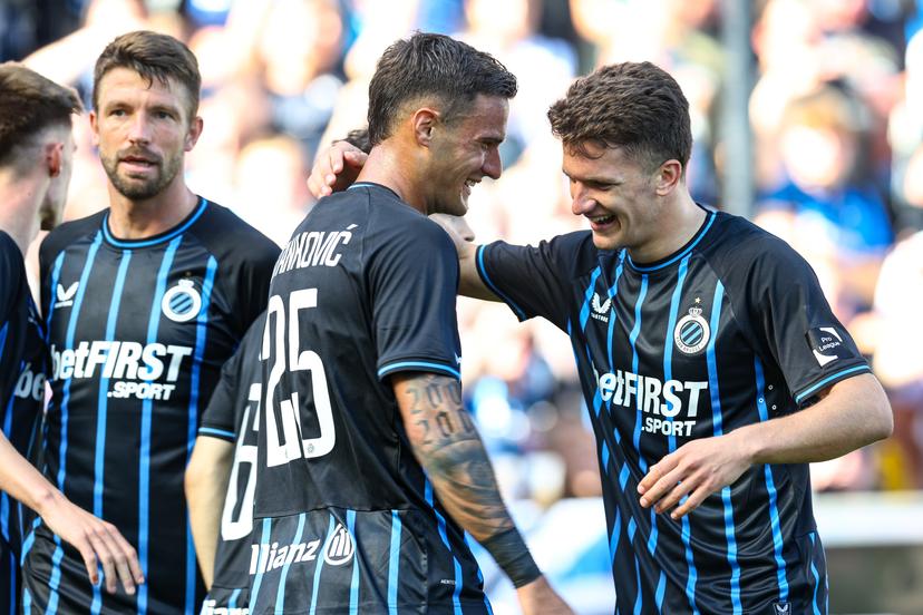 Club's Christos Tzolis celebrates after scoring during a soccer match between Club Brugge and Cercle Brugge, Saturday 09 August 2025 in Brugge, on day 3 of the 2025-2026 'Jupiler Pro League' first division of the Belgian championship. BELGA PHOTO BRUNO FAHY