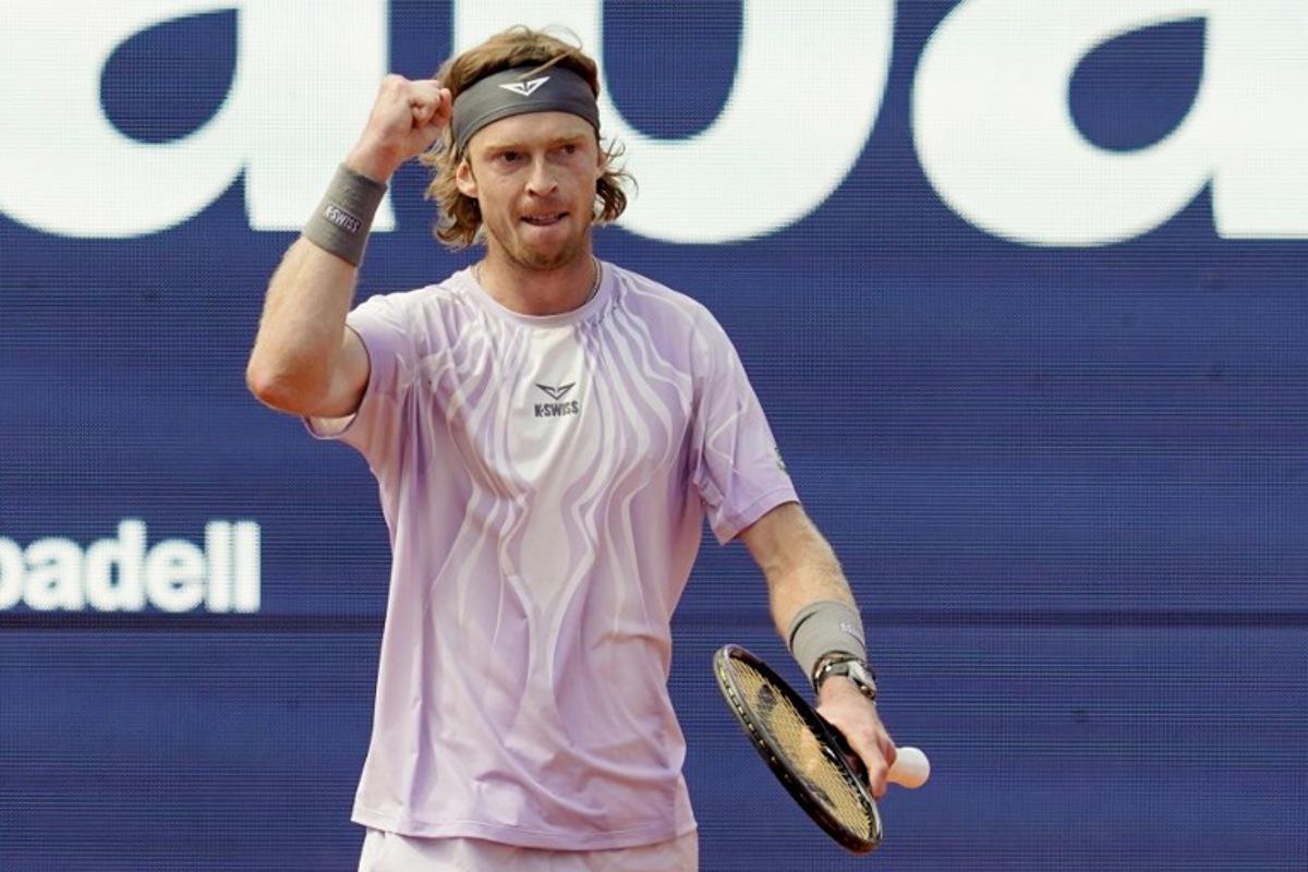 Russia's Andrey Rublev reacts after winning his men's singles semif-final match against Serbia's Hamad Medjedovic at the ATP Barcelona Open "Conde de Godo" tennis tournament in Barcelona, on April 18, 2026. Rublev won 3-6 6-2 6-2. Manaure Quintero / AFP