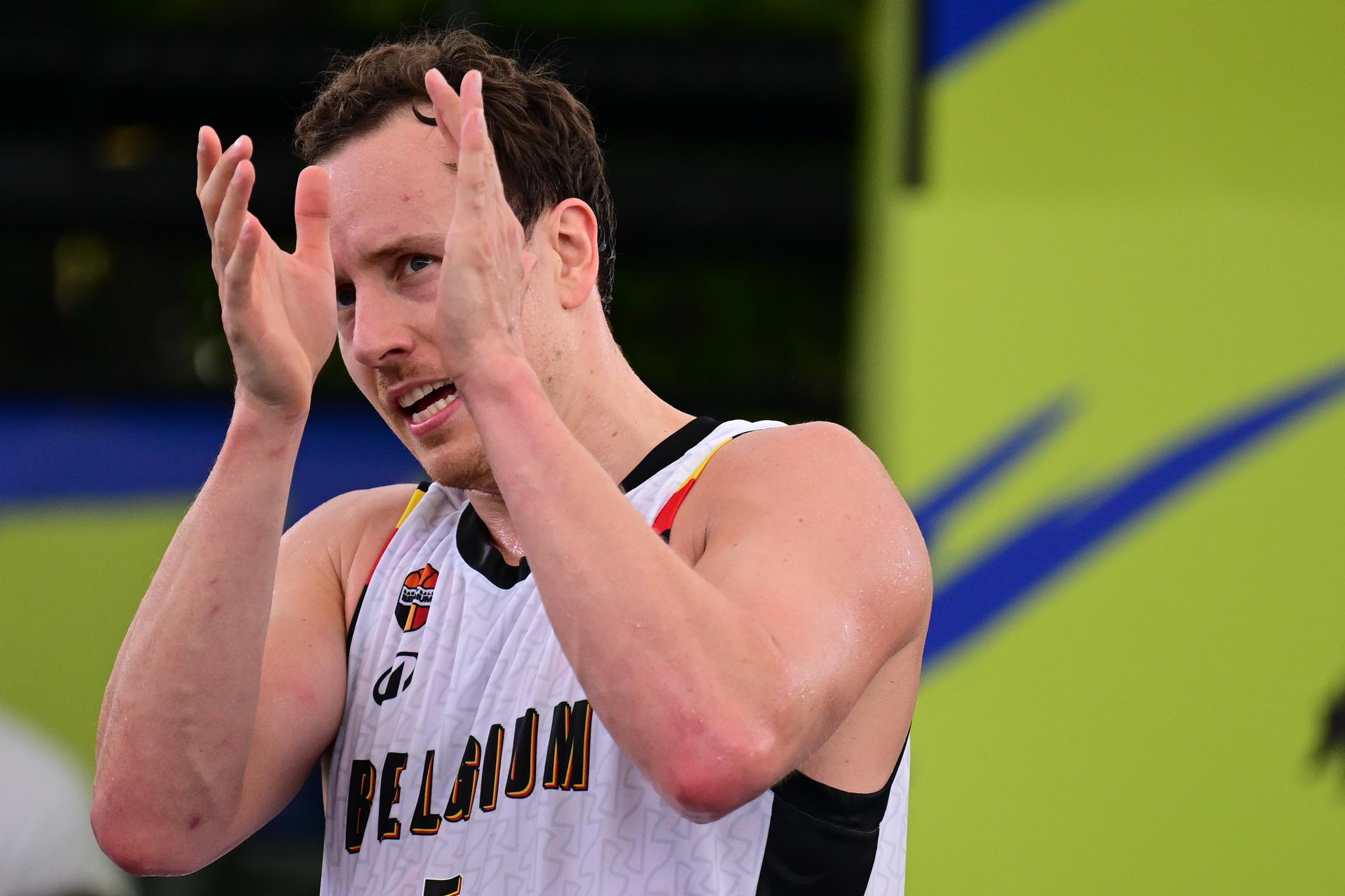 Nick Celis celebrates after winning  a 3x3 basketball game between Belgium and Switzerland, a qualifying game in Pool A at the men's FIBA 3x3 Europe Cup, on Saturday 12 September 2026 in Antwerp. BELGA PHOTO DIRK WAEM
