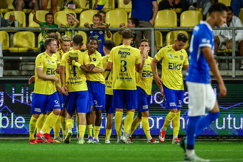 Beveren's players celebrate after scoring during a soccer game between SK Beveren and Jong Genk, Friday 15 August 2025 in Beveren, on day 2 of the 2025-2026 'Challenger Pro League' 1B second division of the Belgian championship. BELGA PHOTO DAVID PINTENS