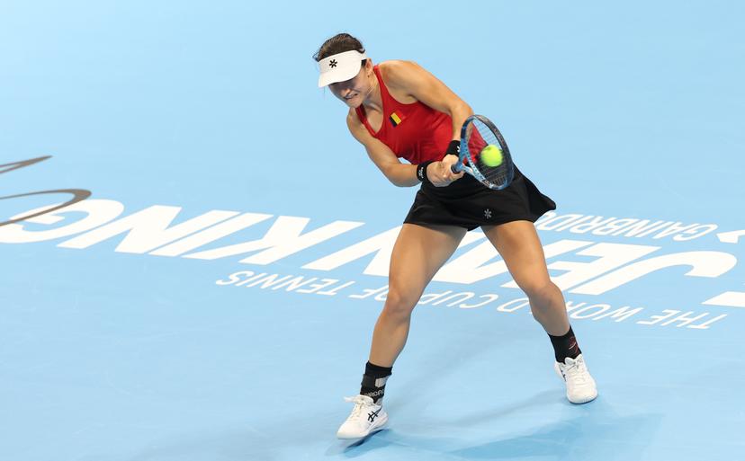 Begian Jana Otzipka pictured in action during a tennis match between Ukrainian Kalinina and Belgian Otzipka, the first rubber in the tie between Belgium and Ukraine in the Quarter Finals of the Billie King Cup tournament, on Thursday 24 September 2026 in Shenzhen, China. BELGA PHOTO VIRGINIE LEFOUR