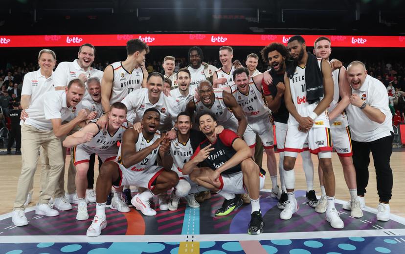 Belgium's players celebrate after winning a basketball match between Belgium's national team Belgian Lions and Slovakia, Thursday 20 February 2025 in Charleroi, game 5/6 in the group stage of the qualifications for the Eurobasket 2025 European championships. BELGA PHOTO VIRGINIE LEFOUR